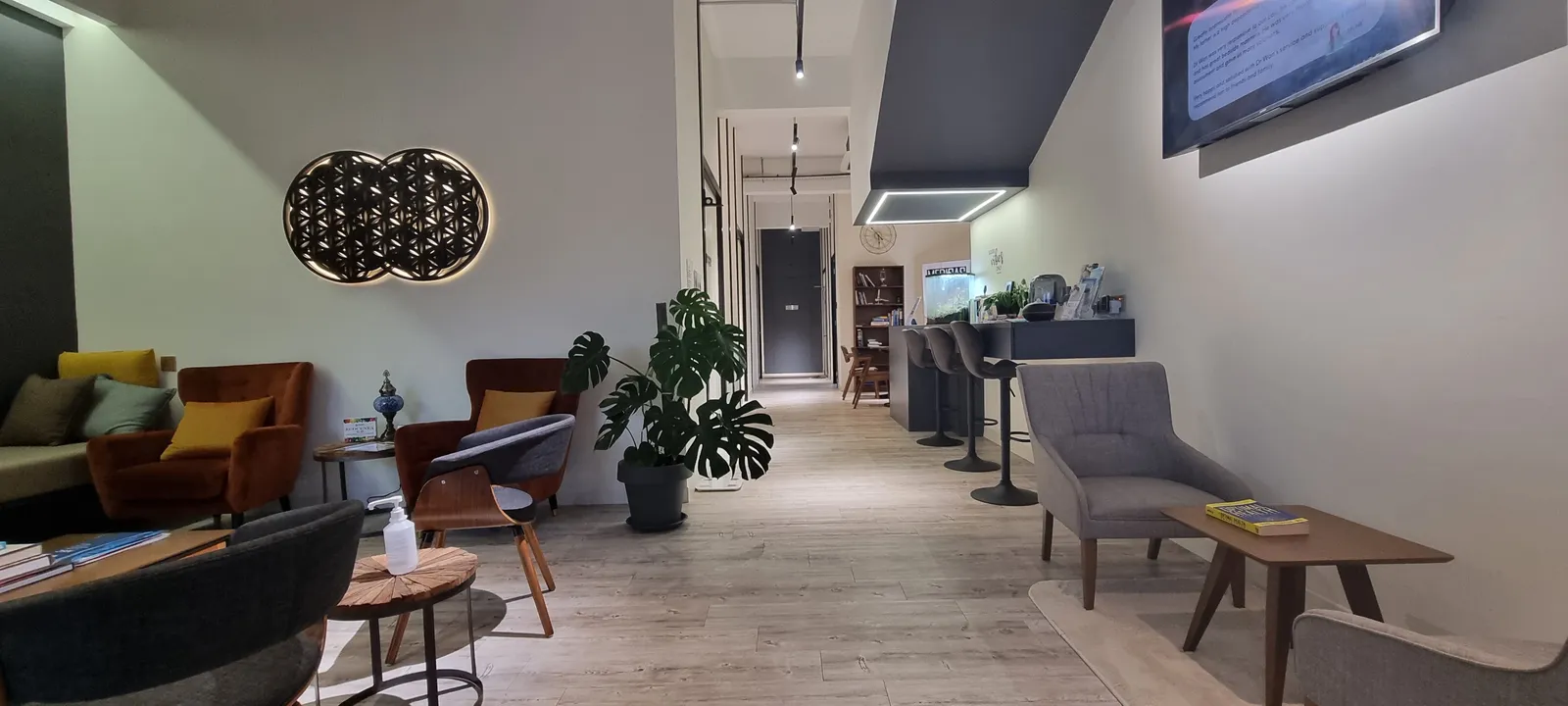 The corridor and lounge at Remedine Clinic with backlit wall art