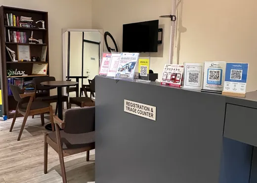 Registration and triage counter at Remedine Clinic